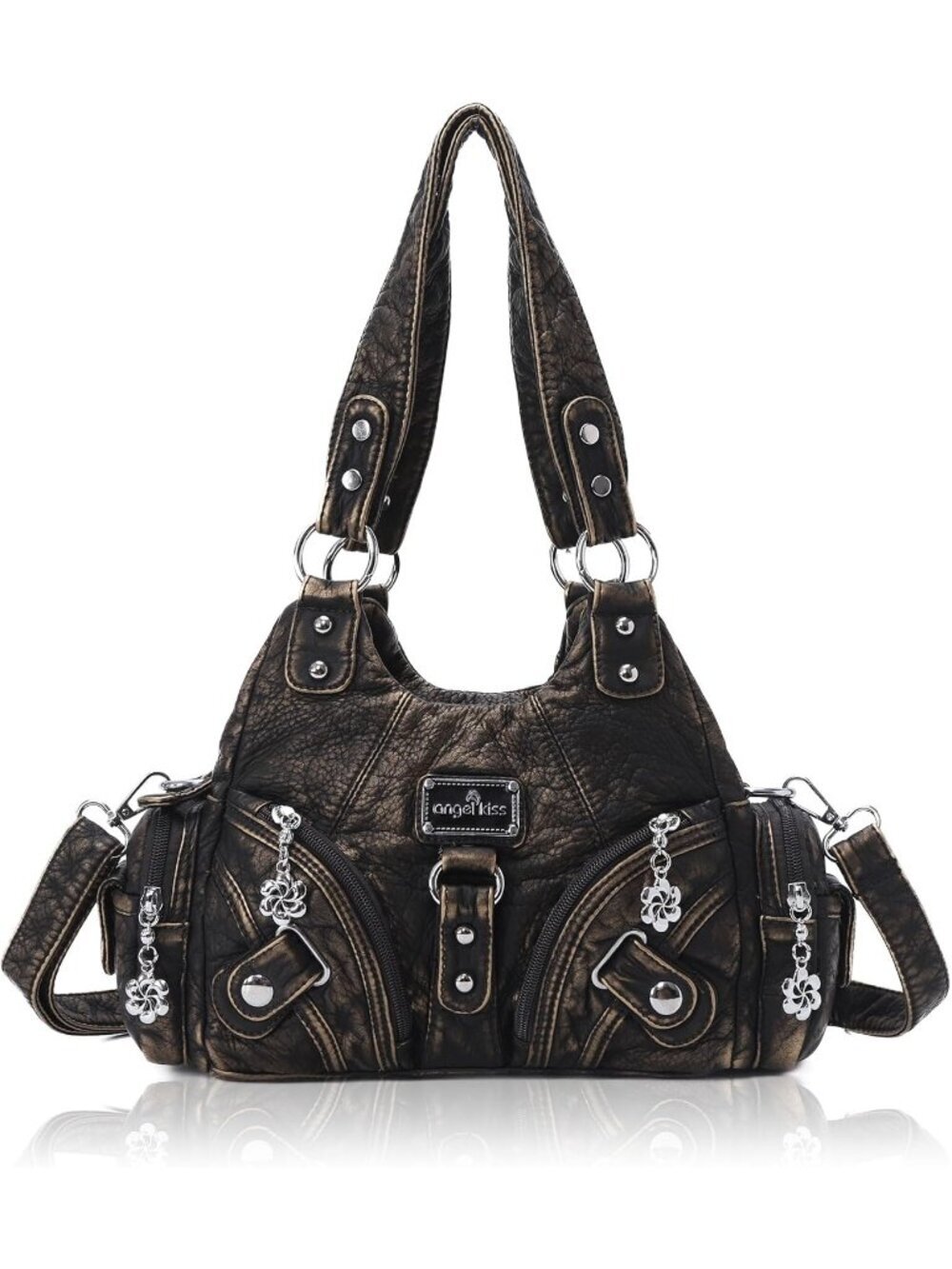 Women's Bronze PU leather Zipper Multi-Pocket Small Hobo Shoulder Bag